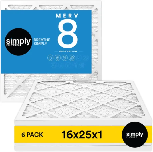 16x25x1 Air Filter, MERV 8, 6 Pack, For Home AC Furnace & HVAC (Actual Size: 15.75"x24.75"x0.75") DUST, Pet, & Allergy Control