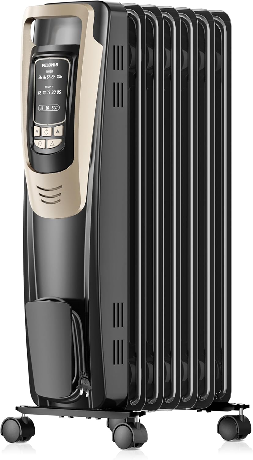 Champagne Oil Filled Radiator Heater with Remote and Thermostat, 5 Temperature Settings for indoor use Large Room, Energy Efficient Electric Space heater with Safety Features Champagne Standard
