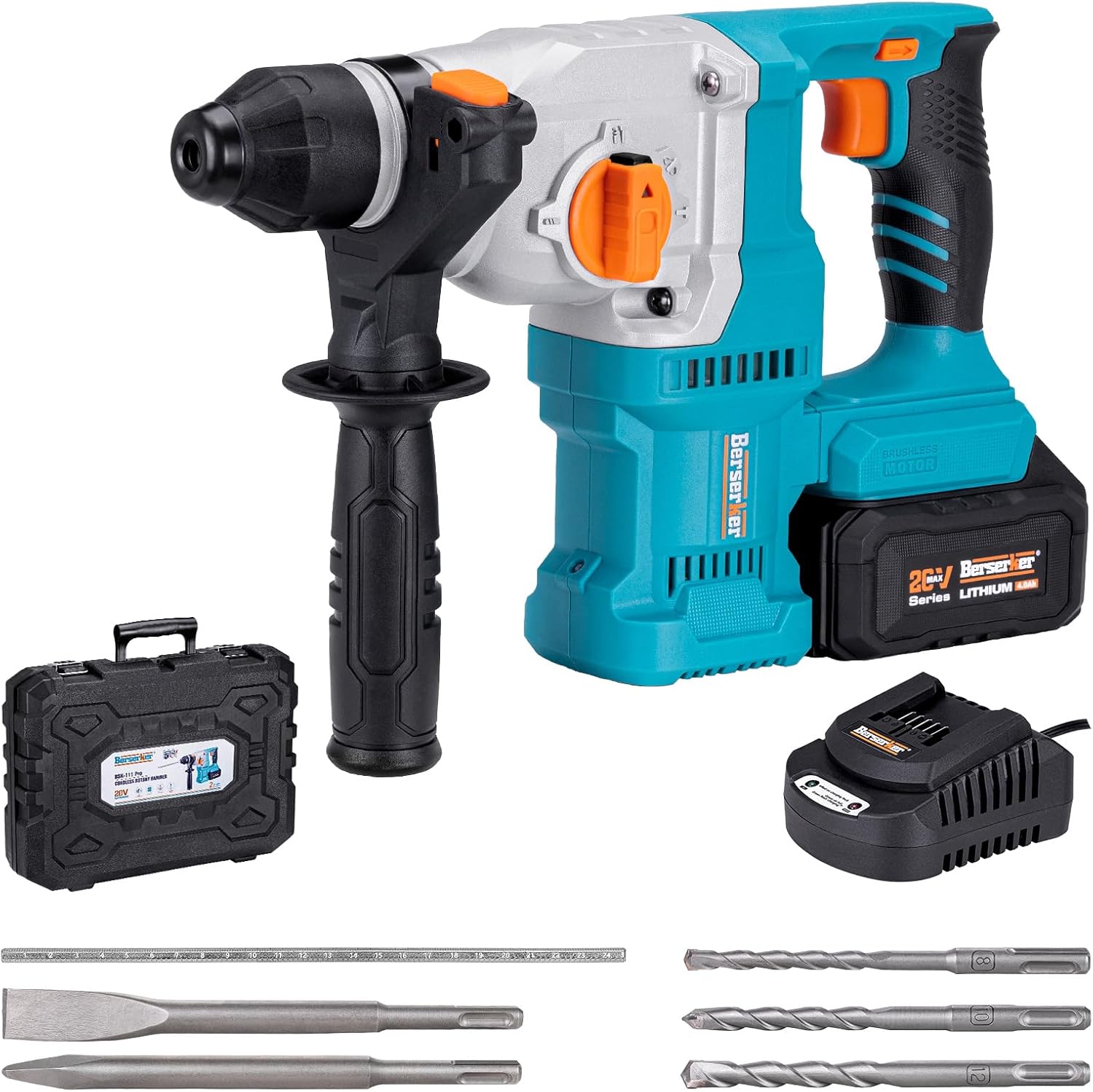 20V Cordless 1-1/8" Rotary Hammer Drill SDS-Plus Brushless Motor with Safety Clutch, 4.0Ah Lithium-Ion Battery Powered, 3.0A Fast Charger, 4 Modes Variable Speed Rotomartillo for Concrete w/（1）4 Ah Battery
