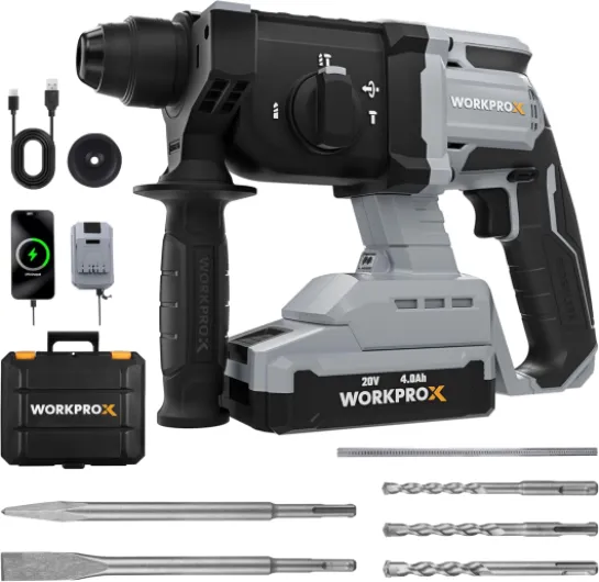 X 20V Cordless Rotary Hammer Drill, 7/8" SDS-Plus, 2.0J Hammer Drill for Concrete with 4 Functions, Brushless Motor, 4.0Ah Battery & LED Light, Lightweight SDS Hammer Drill for Home Use