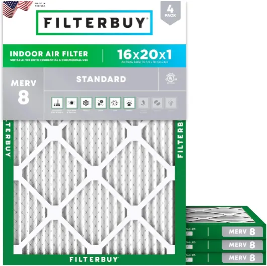 16x20x1 Air Filter MERV 8 Essential Dust & Allergy Defense (4-Pack), Electrostatic Pleated HVAC AC Furnace Filters Replacement, Made in USA (Actual Size: 15.50 x 19.50 x 0.75)
