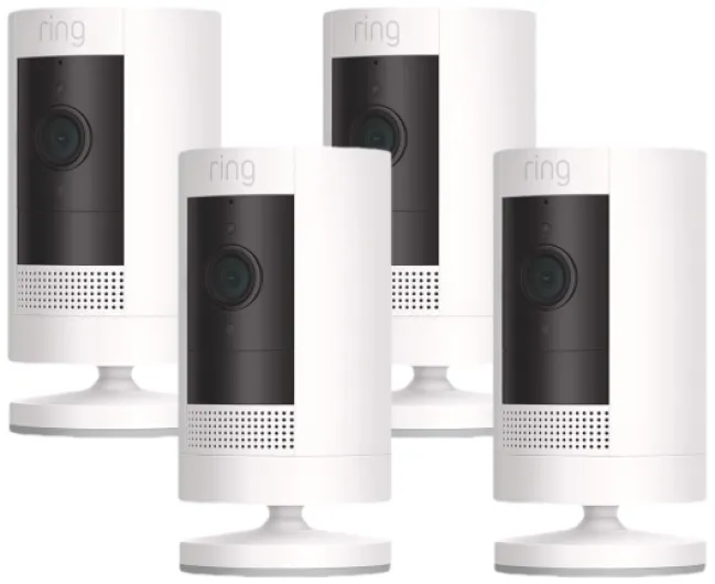 Outdoor Cam (Stick Up Cam), Weather-resistant home or business security camera, outdoor ready, Live View, Color Night Vision, Two-Way Talk, motion alerts, Works with Alexa, 4-pack, White 4 Cameras