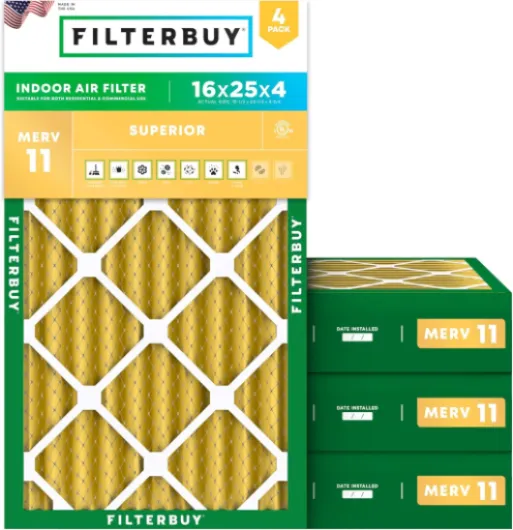 16x25x4 Air Filter MERV 11 Superior Pet & Allergy Defense (4-Pack), Electrostatic Pleated HVAC AC Furnace Filters Replacement, Made in USA (Actual Size: 15.50 x 24.50 x 3.63)