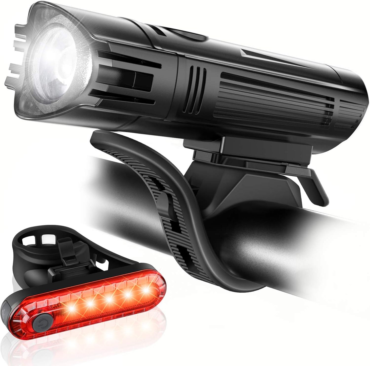 Ultra Bright USB Rechargeable Bike Light Set, Powerful Bicycle Front Headlight and Back Taillight, 4 Light Modes, Easy to Install for Men Women Kids Road Mountain Cycling Black 1 Set