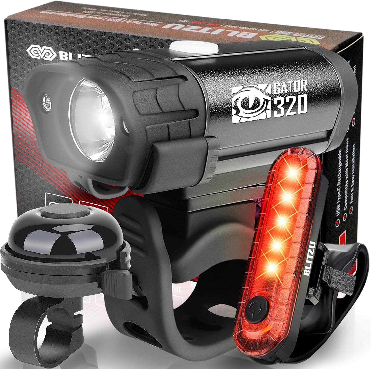 Bike Lights, Super Bright Bicycle USB-C Rechargeable Headlight, Taillight & Bell Set, Waterproof Safety Front & Rear Back light for Night Riding, Easy to Install for Men Women Kids Road Cycling