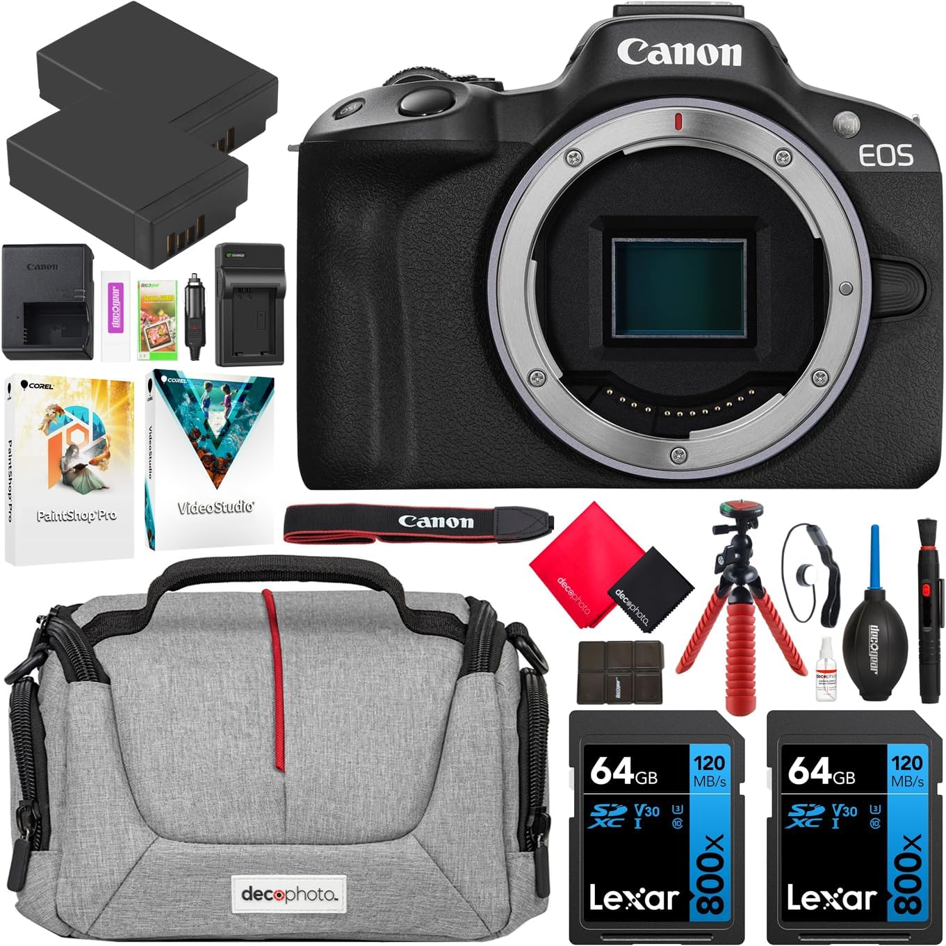 EOS R50 Mirrorless APS-C Interchangeable Lens Camera Body Black 5811C002 Bundle with Deco Gear Photography Bag + 2 x Battery + 2 x 64GB Memory Cards + Accessories Kit Black Camera Only