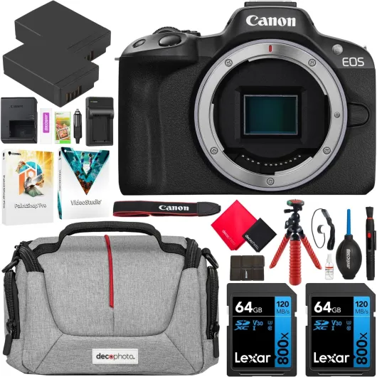 EOS R50 Mirrorless APS-C Interchangeable Lens Camera Body Black 5811C002 Bundle with Deco Gear Photography Bag + 2 x Battery + 2 x 64GB Memory Cards + Accessories Kit Black Camera Only