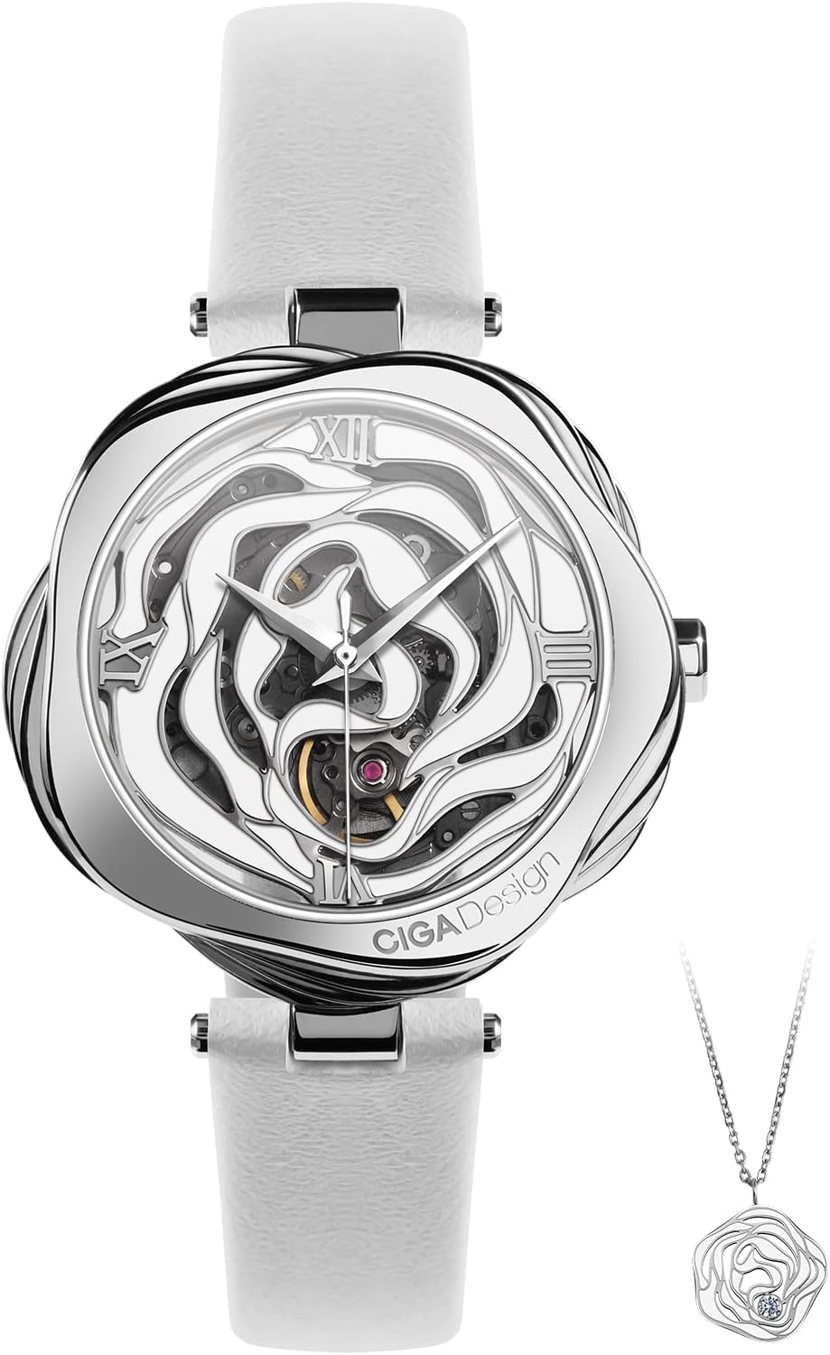 Watches for Women Denmark Rose Series Fashion Quartz or Automatic Mechanical Skeleton Wrist Watch with Bonus Necklace Gifts Leather Strap - Mechanical