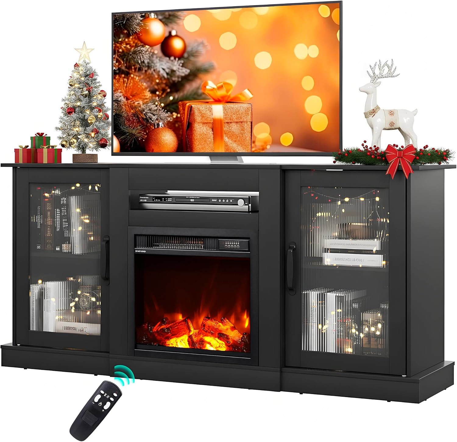 Fireplace TV Stand for 65" TV, Entertainment Center with 3D Realistic Flame Electric Fireplace, TV Console with Open Shelves for Living Room, Black Black 58 Inch with Fireplace