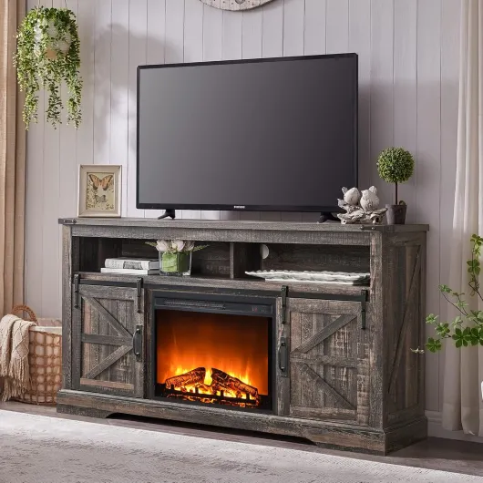 Fireplace TV Stand for 65+ Inch TV, 33" Tall Highboy Farmhouse Entertainment Center w/ 23'' Electric Fireplace, Rustic Media Console w/Sliding Barn Door for Living Room, Dark Rustic Oak Dark Rustic Oak 15.75"D x 60"W x 32"H