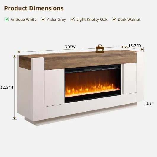 Modern 70" Fireplace TV Stand with 36" Electric Fireplace, Entertainment Center for TVs Up to 80", Media Console with Side Cabinets, Thick Wood Design for Living Room, Antique White