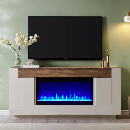 Modern 70" Fireplace TV Stand with 36" Electric Fireplace, Entertainment Center for TVs Up to 80", Media Console with Side Cabinets, Thick Wood Design for Living Room, Antique White