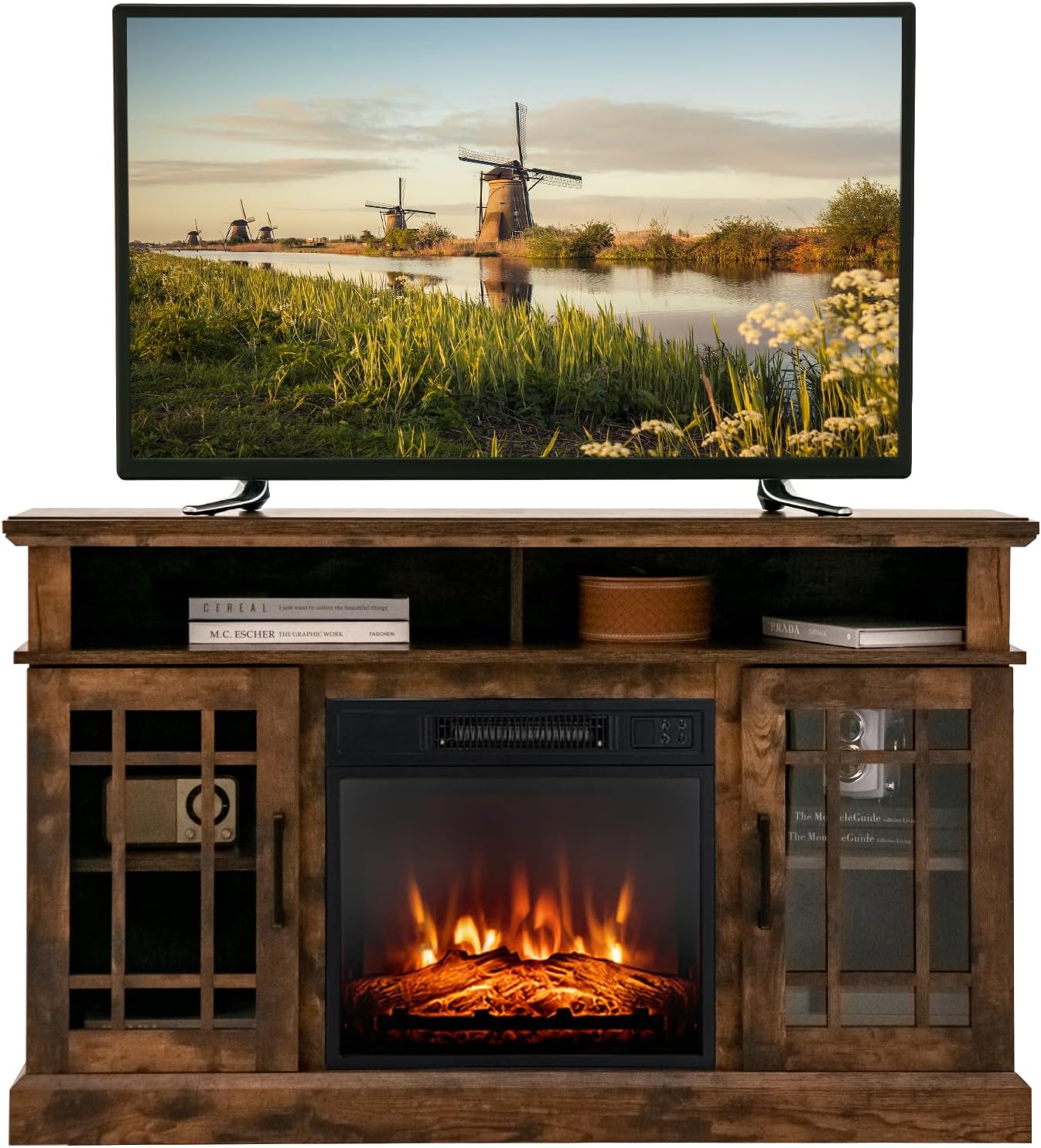 Electric Fireplace TV Stand for TVs Up to 55 Inches, 18-Inch Fireplace Insert with Remote, Overheat Protection, 48-Inch Wooden Media Entertainment Center with Adjustable Shelves, Brown
