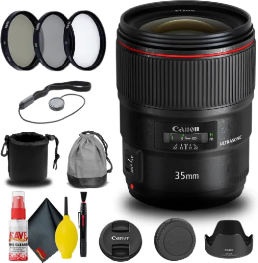 Canon EF 35mm f/1.4L II USM Lens (9523B002) + Filter Kit + Cap Keeper + Cleaning Kit + More (Renewed)