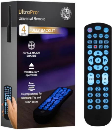 Backlit Universal Remote Control for Samsung, Vizio, LG, Sony, Sharp, Roku, Apple TV, RCA, Panasonic, Smart TV, Streaming Players, Blu-Ray, DVD, 4-Device, Black, 40081 Black, Backlit Black Remote Blue Backlit