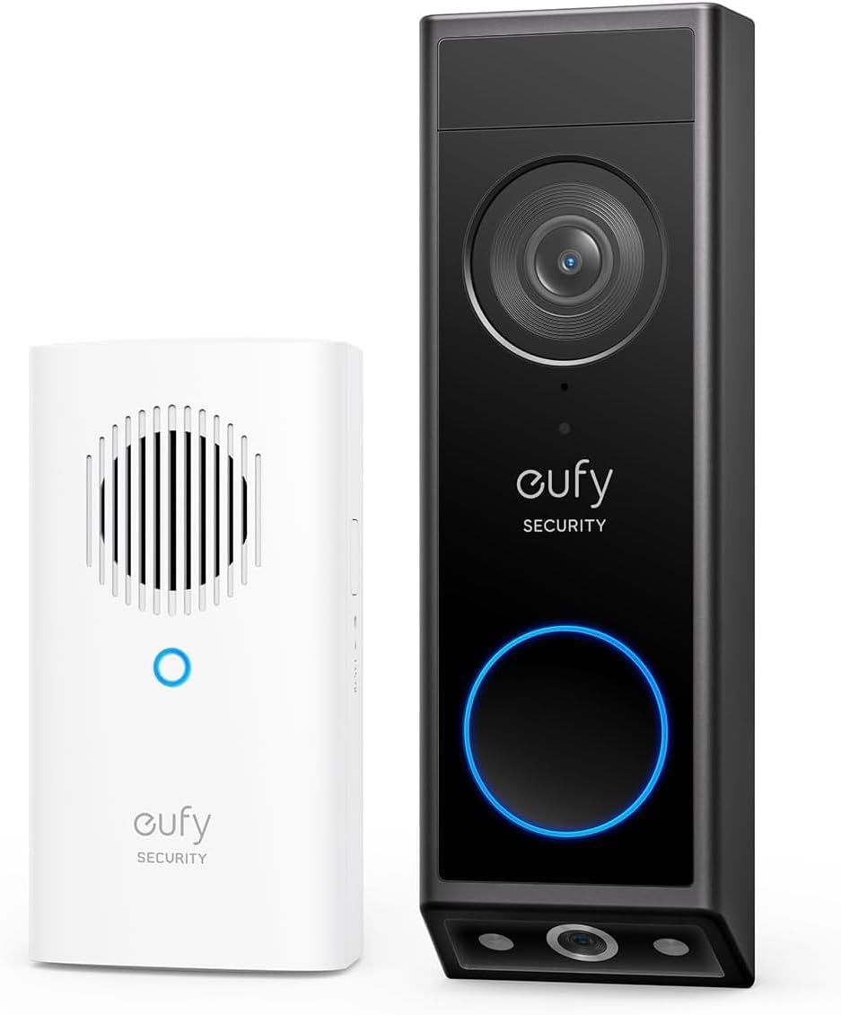 Video Doorbell Camera E340 (Battery Powered) with Chime, Dual Cameras with Delivery Guard, 2K Full HD and Color Night Vision, HomeBase S380 Compatible, No Monthly Fee,2.4GHz WiFi Battery or Wired Doorbell + Chime
