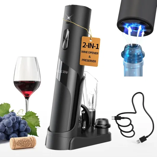 Rechargeable Wine Opener Electric Wine Bottle Opener 7-in-1 Wine Gift Set with Electric Vacuum Pump, Charging Station, Foil Cutter, Wine Aerator Pourer and 2 Wine Stoppers 7-in-1 Wine Set with Charging Base, Black