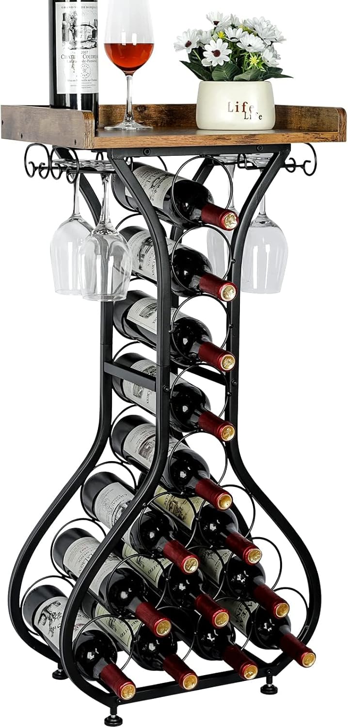 X-cosrack Wine Rack Freestanding Floor, Mini Bar Table Wine Holder Stand Liquor Cabinet with Glass Holder Wood Tabletop 14 Bottles Floor Wine Storage for Home Bar Kitchen Living Room (Patent Pending)