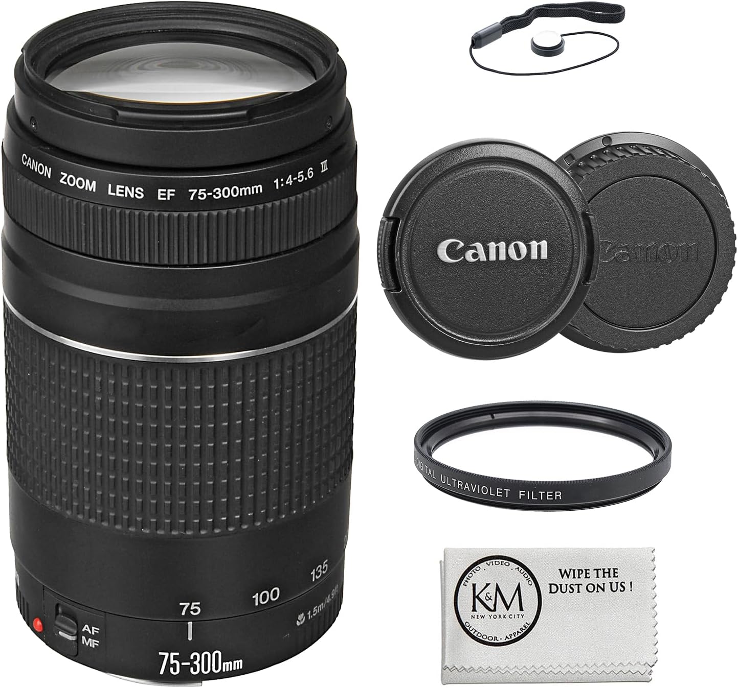 EF 75-300mm f/4-5.6 III Lens Bundled with 58mm UV Filter + Lens Cap Keeper + Microfiber Cleaning Cloth (4 Items) Lens + Basic Kit