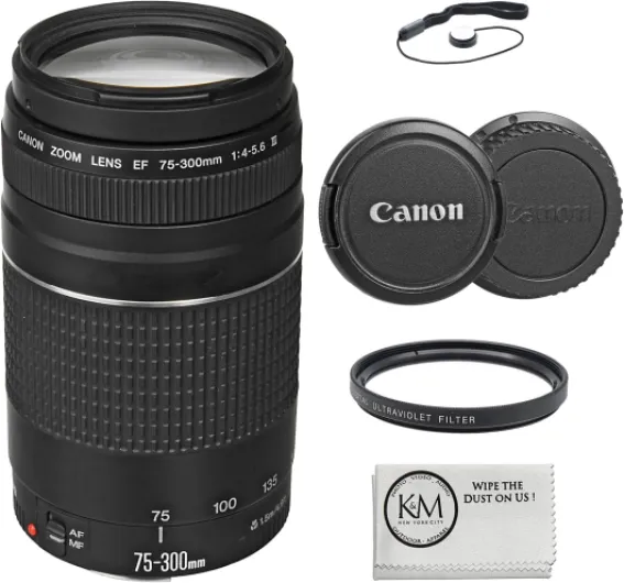EF 75-300mm f/4-5.6 III Lens Bundled with 58mm UV Filter + Lens Cap Keeper + Microfiber Cleaning Cloth (4 Items) Lens + Basic Kit