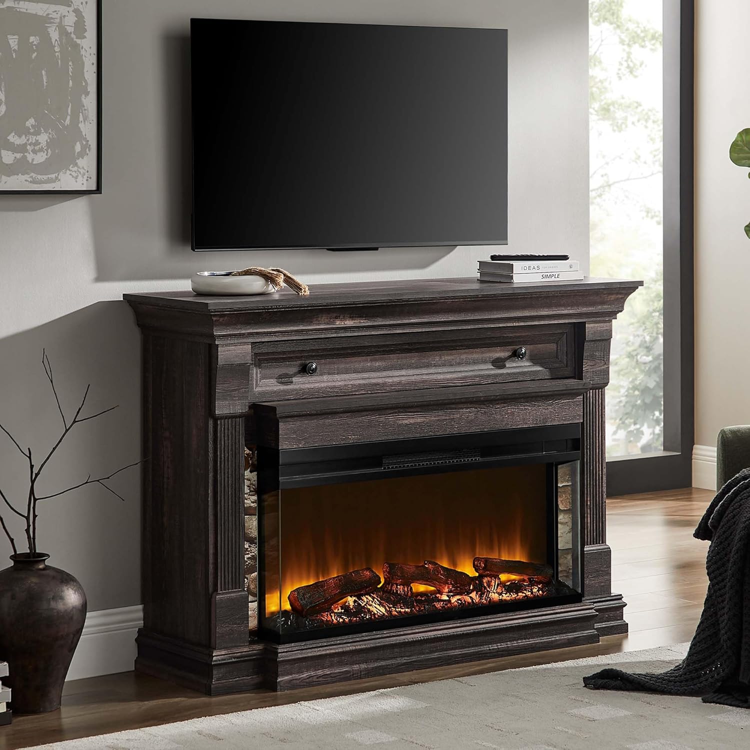 52 Inch Electric Fireplace with Mantel, Fireplace TV Stand with 36" 3-Sided Glass Electric Fireplace Heater for Living Room, Dark Rustic Oak