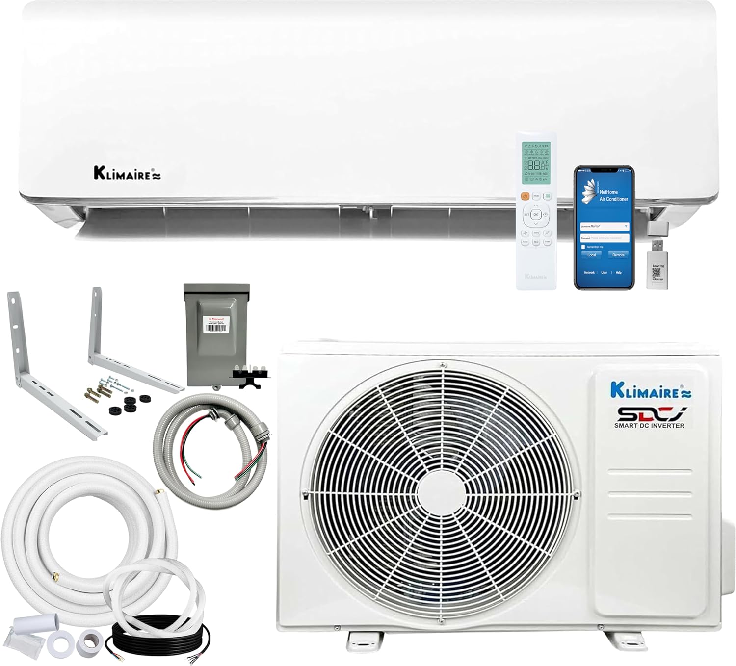 9,000 BTU 21.5 SEER2 Ductless Mini-Split Inverter Air Conditioner Heat Pump System with All-Inclusive 16' Installation Kit and Wall Bracket (115V) 9,000 BTU - 115V