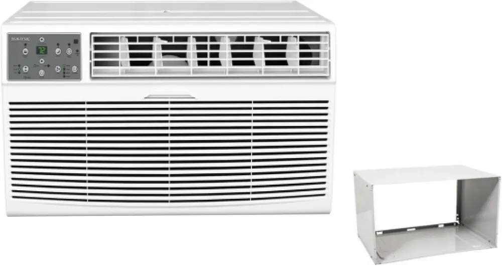 Through the Wall Air Conditioner with Supplemental Heating and Remote Control, 10,000 BTU 208 / 230V Cooling, 10600 BTU Heating, Wall Sleeve Included Wall Sleeve Included Cooling Area 450 Sq - Ft.