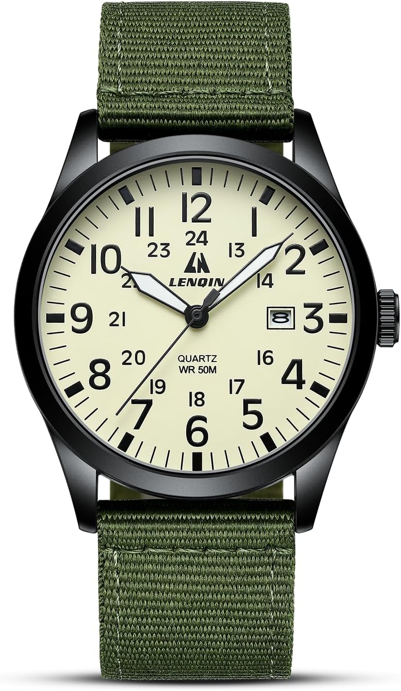 Mens Watches Unisex Military Sport Nylon Strap Stylish Luminous Fashion Analog Quartz Watch for Men Waterproof Army Tactical Casual Wristwatch A1-LN-0550-Black Yellow Green