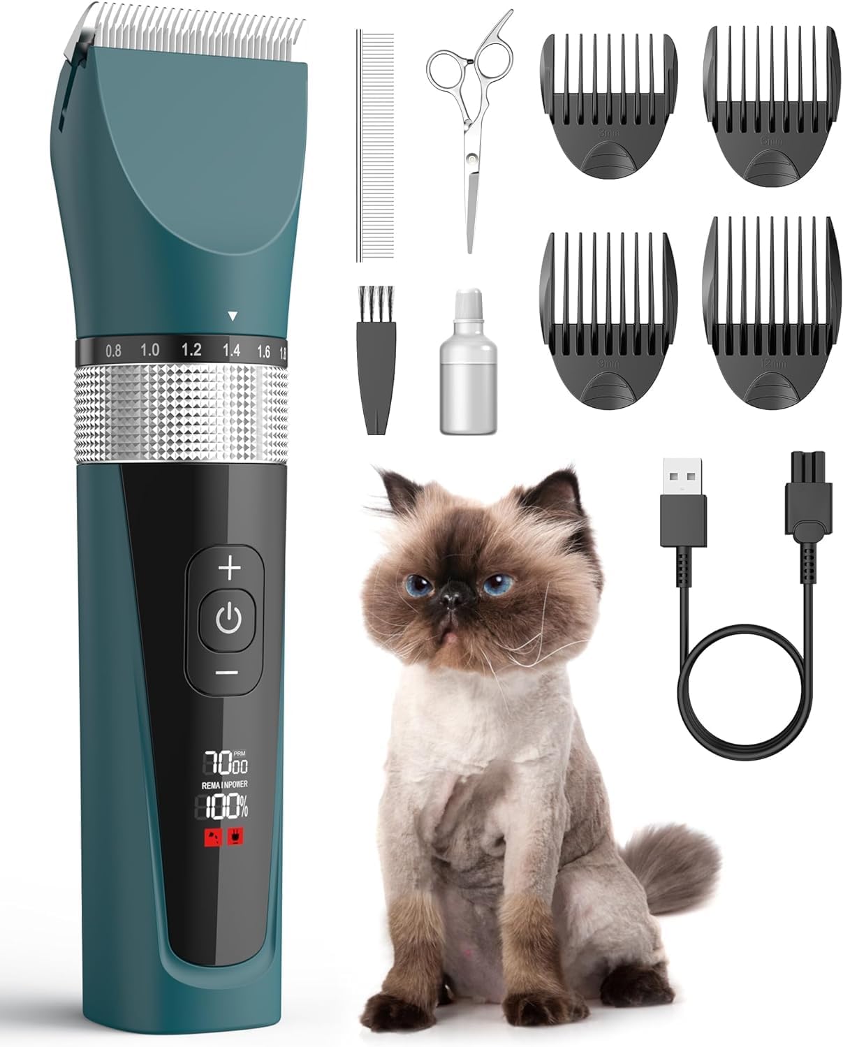 Cat Clippers for Matted Hair, 5-Speed Quiet Cat Grooming kit, Cordless Pet Shaver for Long Hair,Waterproof Pet Hair Trimmer, Pet Clippers for Cats(Green)
