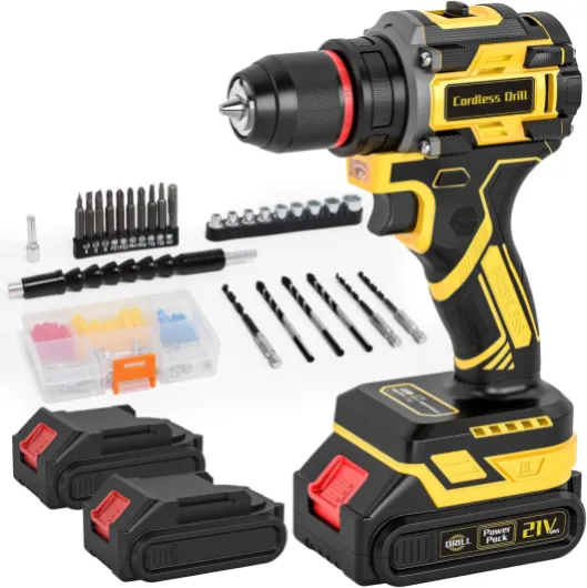 Cordless Drill, 21V Brushless Power Drill with Dual 2.0Ah Power Pack and Charger, Electric Drills Set, 3/8" Metal Chuck, 25+1 Torque, 2 Speed Compact Drills with 87PCS for DIY, Home Repair & Gift Yellow