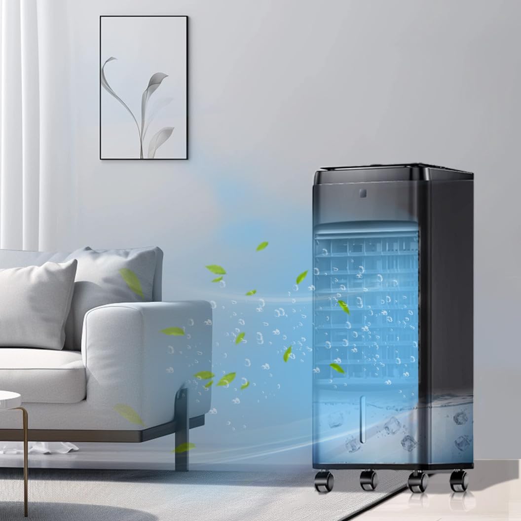 NOMEY Evaporative Air Cooler, 3-IN-1 Air Conditioner Portable for Room w/ 4 Modes & 3 Speed, 12H Timer, 1 Gal Detachable Water Tank, 4 Ice Packs, Remote, 70° Oscillation Air Cooler for Bedroom Indoor Grey