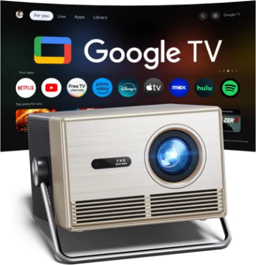 2000 ANSI Official Licensed Google TV Outdoor Projector 4K Full HD, Smart Projector with Wifi and Bluetooth, Auto Focus, Dolby Sound,Built-in Apps,HAPPRUN Indoor Home Theater for Phone/TV Stick/PC/PS5 Gold