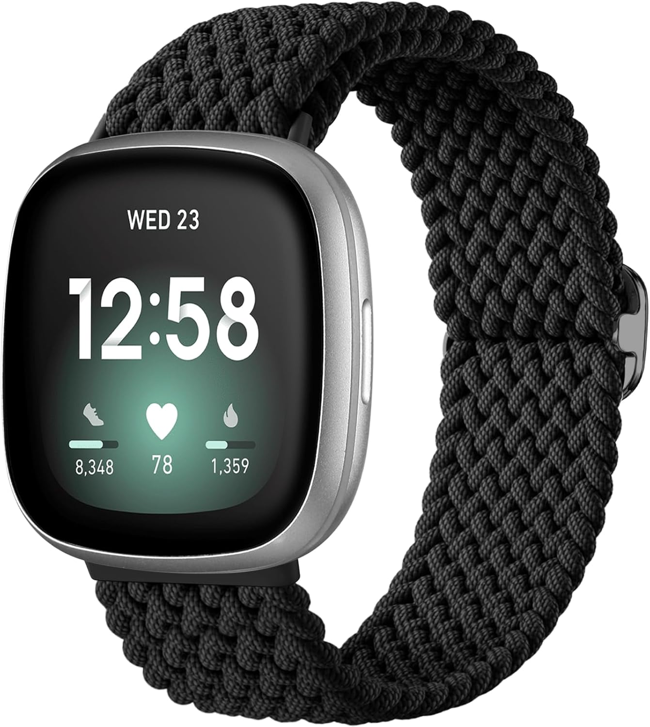 Braided Stretchy Band Compatible for Fitbit Sense/Versa 3/4 and Sense 2, Soft Elastic Strap Bracelet Wrist Bands for Smart Watch, Accessory for Men and Women 1-Black Fit for 4.5'' to 9.5'' (115mm-240mm) wrist