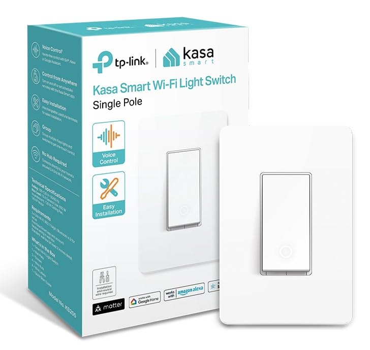 Kasa Matter Smart Light Switch: Voice Control w/Siri, Alexa & Google Assistant - UL Certified - Timer & Schedule - Easy Guided Install - Neutral Wire Required - Single Pole - 2.4GHz Wi-Fi - KS205 White, Matter Compatible 1 Pack