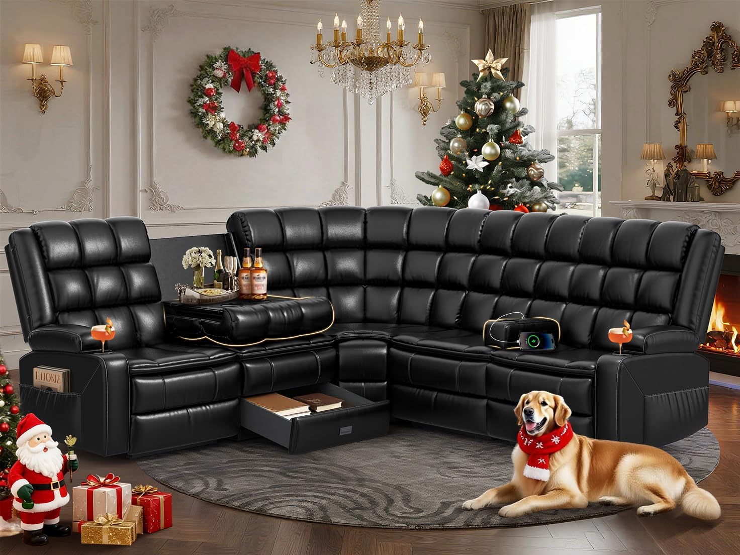 Recliner Sectional Sofa, Home Theater Seating 5 Seats L-Shaped Reclining Corner Couch with Flip-Down Backrest, Drawers, Cup Holders & USB, 150° Manual Recline & Removable Armrest for RV & Living Room Black 5 Seaters L-shaped