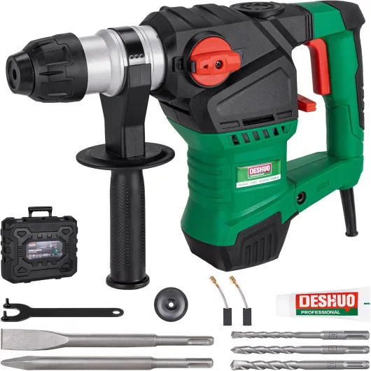 1-1/4" SDS-Plus Rotary Hammer Drill, 12.5 Amp 3 Functions Corded Vibration Control Rotomartillo with Safety Clutch for Concrete, Includes 3 Drill Bits, 2 Chisels, Carrying Case