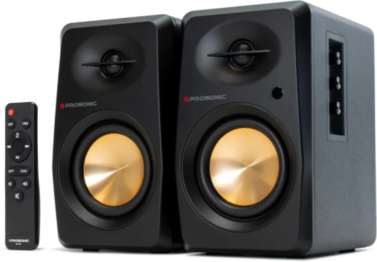 Prosonic BT30 Active Powered Bluetooth Bookshelf Speakers, Studio Monitor, Home Theater, Turntable with Optical Input, Coaxial Input, 2X RCA Aux Line Input, 80 Watts, (Black)
