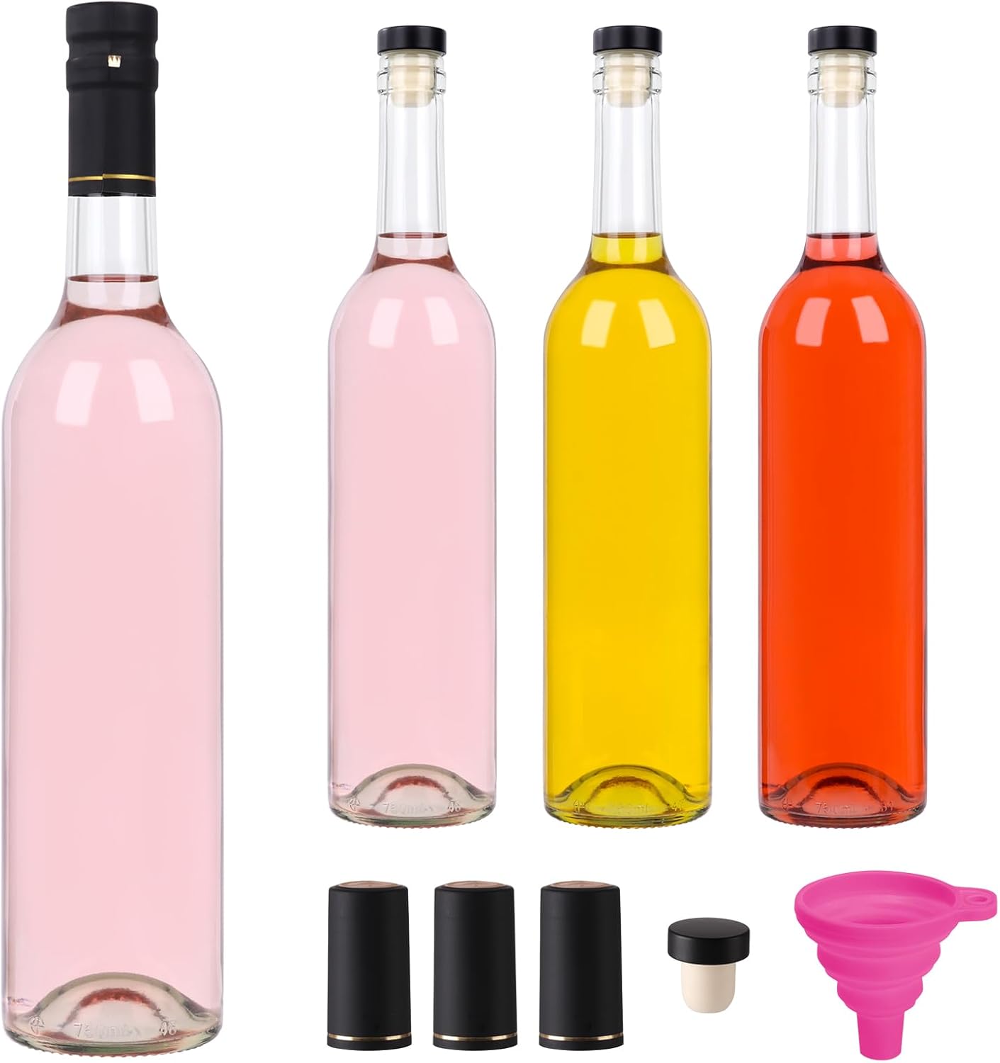 Wine Bottles 750ml 4Pack, Empty Wine Bottles with T-Corks & Vacuum Pull-Tab Caps and Collapsible Funnel for Home Brewing, Storage, DIY Gifts (25fl.oz Set of 4) 750ml-4Pack