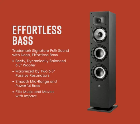 Polk Monitor XT60 Tower Speaker - Hi-Res Audio Certified, Dolby Atmos, DTS:X & Auro 3D Compatible, 1" Tweeter, 6.5" Dynamically Balanced Woofer, (2) 6.5" Passive Radiators (Single, Midnight Black) Tower Speaker (XT60)
