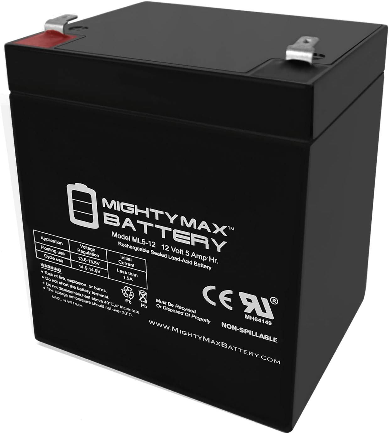 Mighty Max Battery ML5-12 - 12 Volt 5 AH, F1 Terminal, Rechargeable SLA AGM Battery 1 Pack