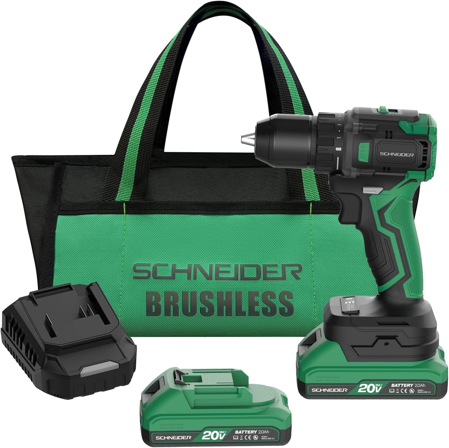 SCHNEIDER 20V MAX Cordless Drill Driver, Brushless, 70 N·M, 1/2 Inch Electric Drill, 2 Speed, 2 Batteries and Charger Included Black-green