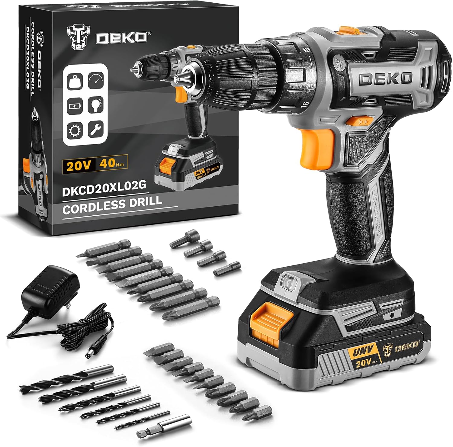 Power Drill Cordless: DEKO PRO Cordless Drill 20V Electric Power Drills Set Tool Drills Cord-less Set with Battery and Charger Gray