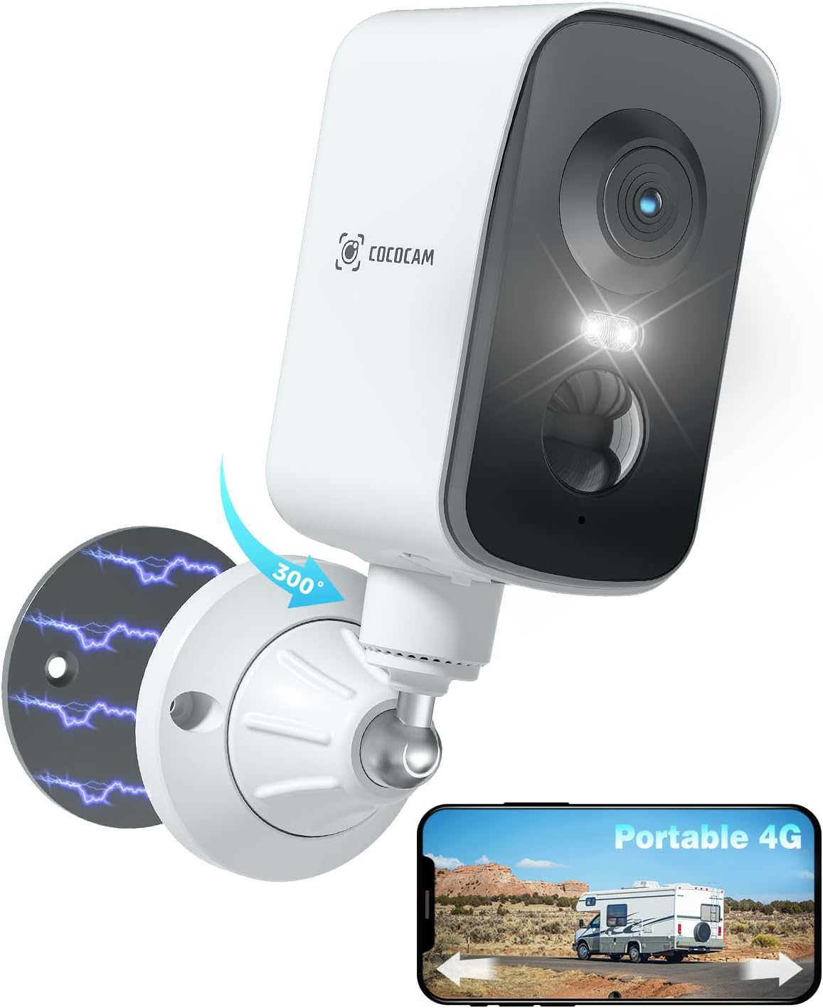 4G Portable Magnetic Cellular Security Camera Wireless,2K Indoor/Outdoor Camera for RV/Camping/Travel, 300°Pan,10000Ahm Battery, PIR&AI Human Detection,IP66, Built-in SIM Card (NO WiFi)