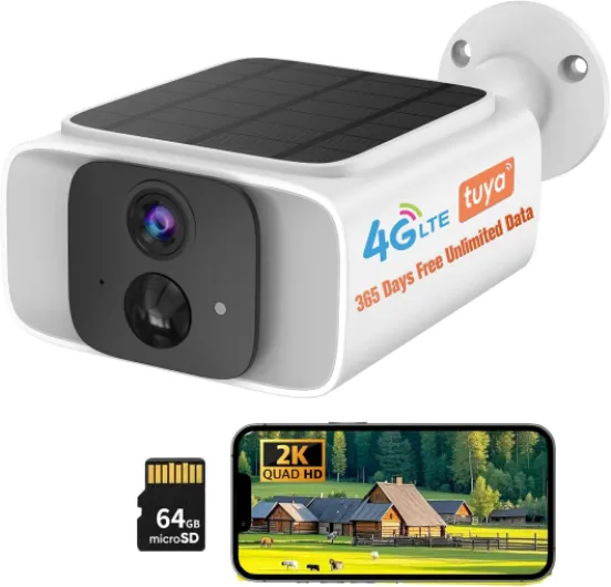 4G LTE Solar Cellular Security Camera Outdoor Wireless, No WiFi Security Camera, 365-Day Free Unlimited Data, PIR Motion Sensor, 2K Color Night Vision, 2 Way Talk, Built-in SIM & 64GB SD Card Included
