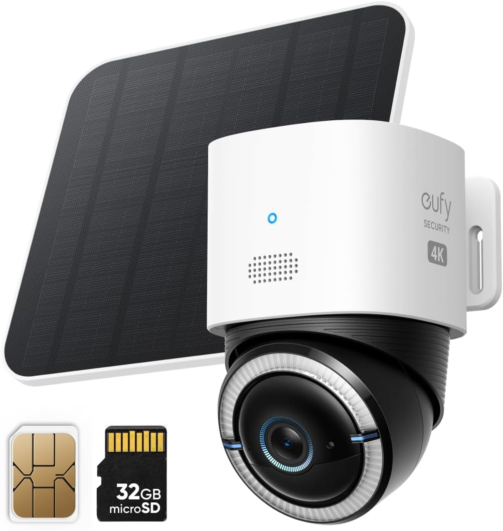 4G LTE Cam S330, 4K Cellular Solar Security Cameras Wireless Outdoor, Pan and Tilt, 4G and Wi-Fi Duo-Mode, AI Tracking, with SIM Card and 32GB SD Card, No WiFi, No Problem