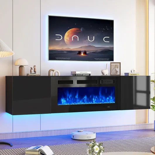 70" Floating TV Stand with 36" Electric Fireplace, Wall Mounted Fireplace Entertainment Center with Storage, Fire Place TV Console for Living Room, All Black 70" All Black