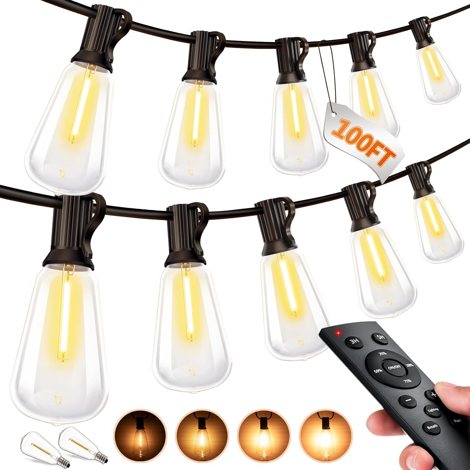 Outdoor String LED Patio Lights - 100Ft 30M Outside Waterproof Light with Remote Dimmable ST38 Shatterproof Bulb Connectable Hanging Outdoor Electric Lighting for Backyard Yard Gazebo Porch Party 100FT-Remote