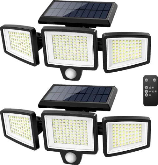 Solar Outdoor Lights 2500LM 210 LED Security Lights with Remote Control,3 Heads Motion Sensor Lights, IP65 Waterproof,270° Wide Angle Flood Wall Lights with 3 Modes(2 Packs)