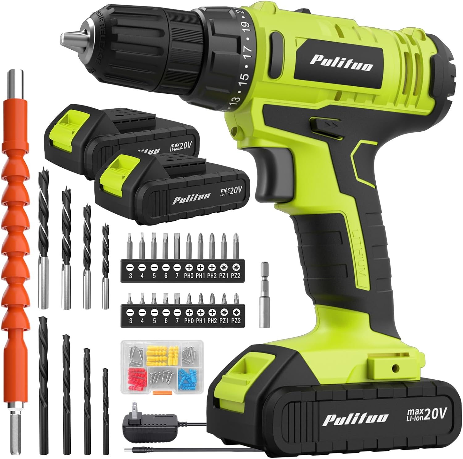 'S 20V Cordless Drill/Driver, Electric Screwdriver - 2 Batteries, 30Nm, 21+1 Torque, 2 Speed, Keyless 3/8" Chase Drill with LED Light, Kit for Home (Green) 20V Drill (green)- double