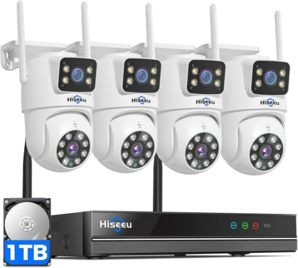 Wireless Security Cameras Outdoor, 5G & 2.4G WiFi Pro, Wireless Home Security Camera System, Dual Lens, 360° Pan & Tilt, Auto Tracking, Color Night Vision, 1TB HDD No Subscription, Need Plug In White
